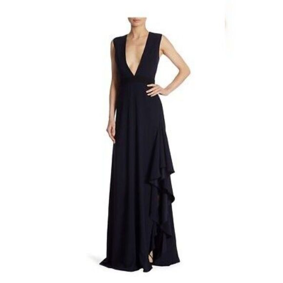 ML Monique Lhuillier NWT MSRP $395 Ruffled Deep V-neck Crepe Gown Size 2 - Picture 2 of 11